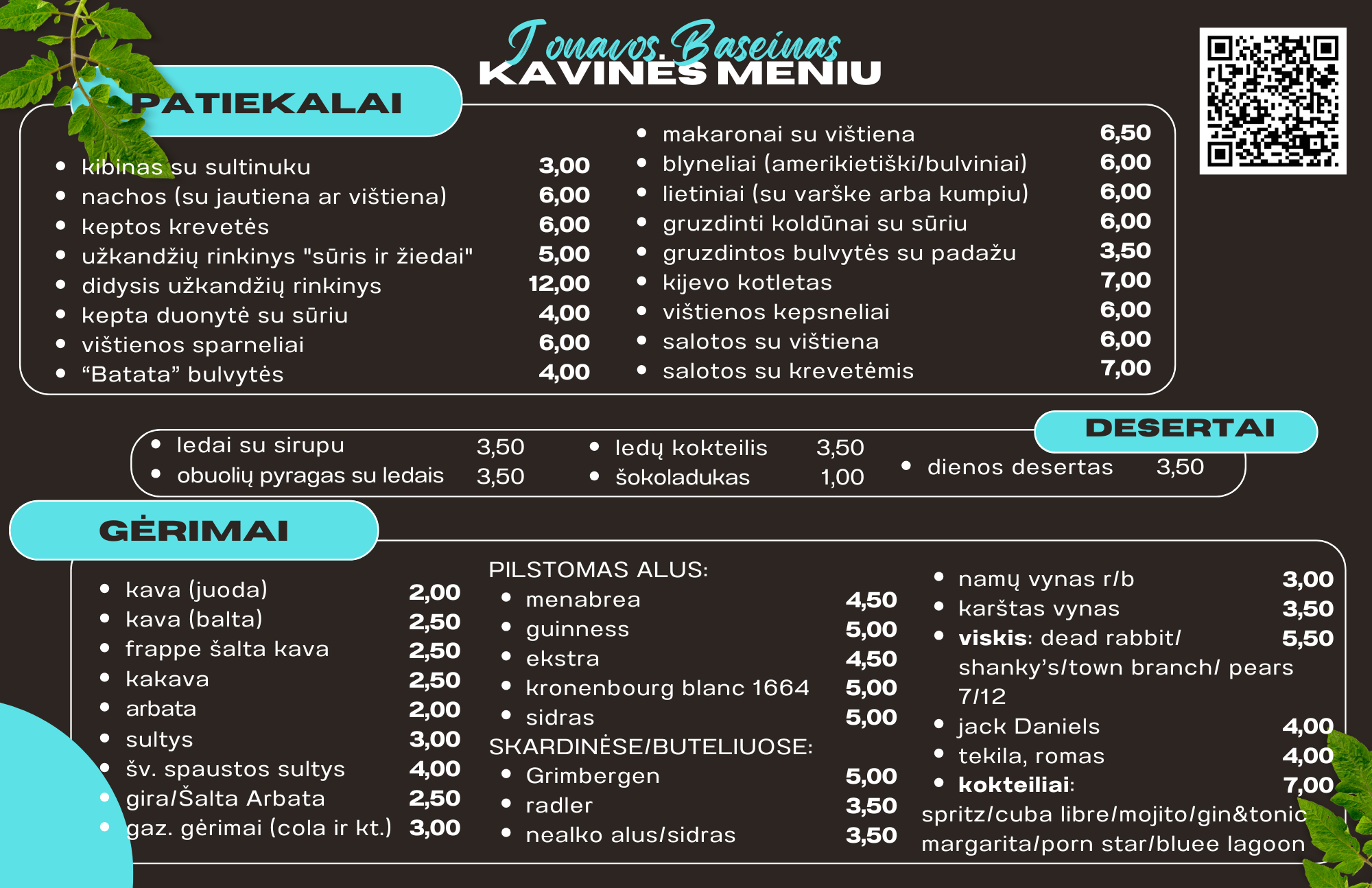 Kavinės meniu